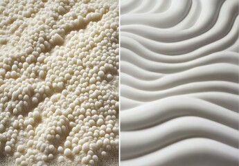 Abstract, textured surface, two panels.  One with clustered, small, round protrusions; the other with flowing, curved, wavy ridges
