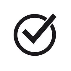 Checkmark inside a circle confirms selections and shows completion in vector graphic illustration style isolated on white