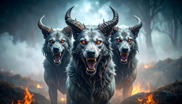Three demonic wolves in a forest fire - Powered by Adobe