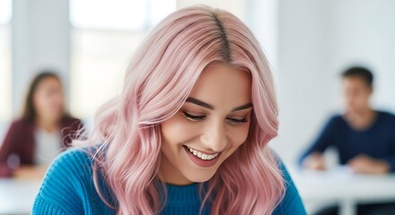 A smiling young woman with pink hair studies in a classroom