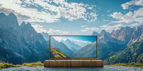 Wooden riser supporting ultrawide monitor with open-air background of majestic peaks