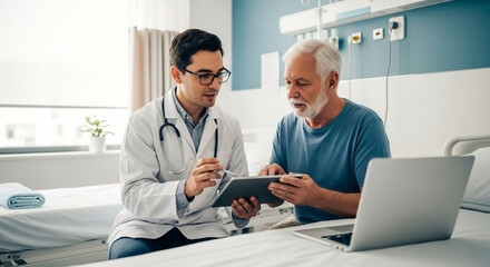 Doctor explaining test results to senior patient using tablet in hospital room with laptop present