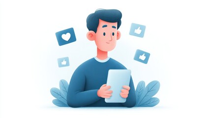Social Media Engagement: Man with Tablet & Likes Illustration