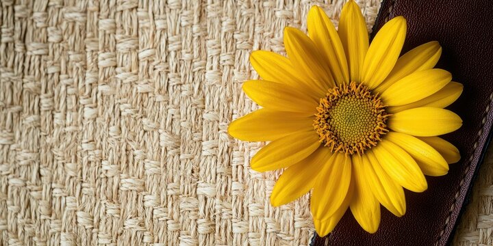 Yellow daisy styled with a dark stitched leather label on woven beige surface