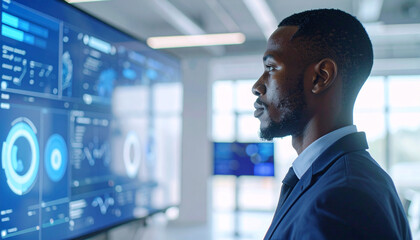 Smart Solutions: A sharply dressed individual, fully engaged with an interactive interface and intelligent software on a digital screen, representing advanced technology.