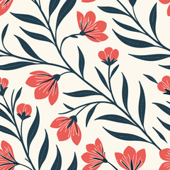 A seamless vintage floral pattern with red blossoms and navy leaves on a cream background. Great for classic wallpapers, retro textiles, and romantic stationery designs.