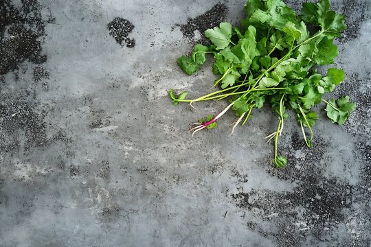 daikon radish with green tops on concrete slab