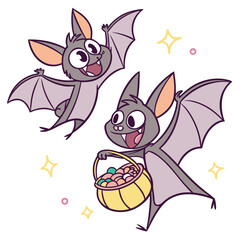 Two cheerful cartoon bats flying with one carrying a basket full of colorful easter eggs and the other with wings spread wide in celebration