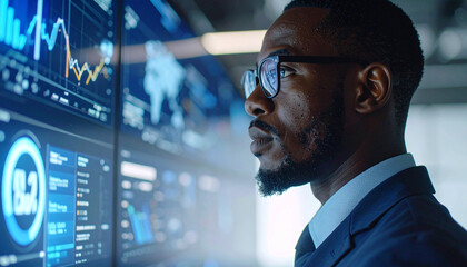 Focused Analyst Examining Financial Data: A determined analyst, immersed in examining financial charts and data displayed on a cutting-edge computer screen.