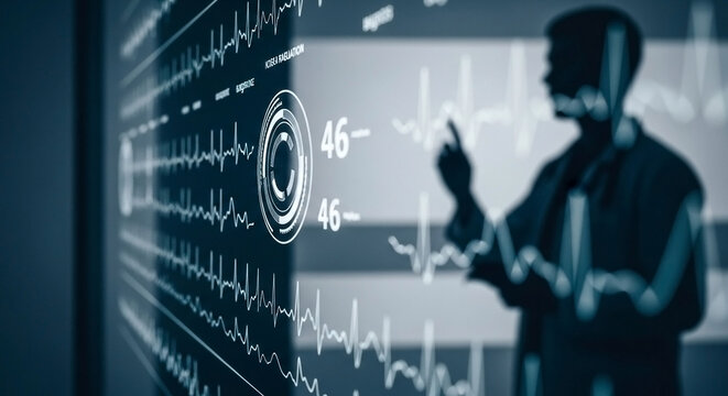 A doctor pointing at a screen displaying medical data and heart rate information in a hospital setting