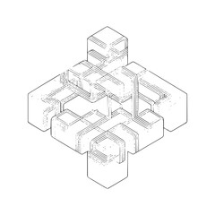 Isometric view of interconnected cubes with line details creating an abstract architectural design element