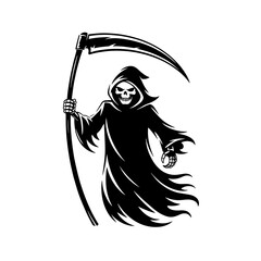 Grim Reaper with scythe Halloween black silhouette vector, spooky simple silhouette design icon on white background, Halloween clipart illustration