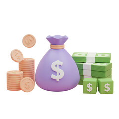 3D illustration of wealth, with a money bag, stacks of cash, coins, and dice. Isolated on transparent background, png
