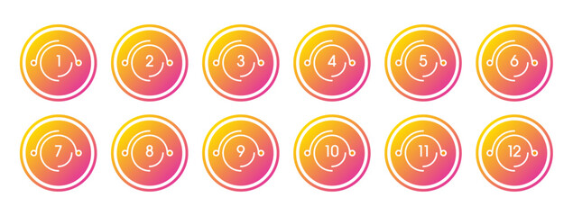 numbers 1-12 for science, education, business, technology world. numbers 1-12 concept in orange-pink circles