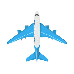 Aeroplane in flight with bright blue wings and fuselage against a white background aerial top shot