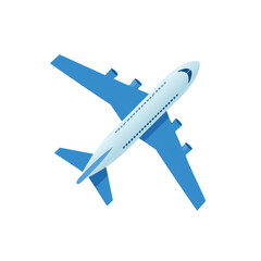 Commercial airplane flying with a blue and white color scheme aerial view on white background