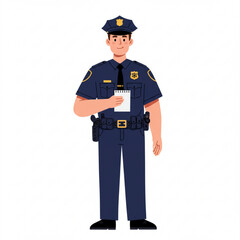 A police officer in uniform, holding a notepad, stands in a neutral pose.
