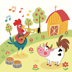 Naklejka premium Barnyard Band Rooster & Cow Musical Farm Illustration