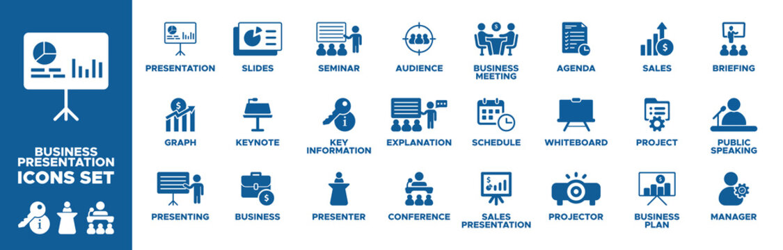 Business presentation icon set. presentation, graph, presenting, business, keynote, slides, seminar, key information, presenter, conference icons. Solid icon collection vector illustration.
