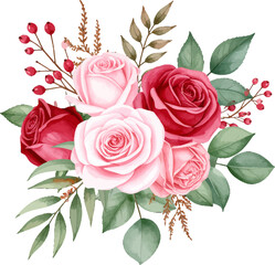 Pink roses and red flowers bouquet. Realistic floral watercolor bouquet. Roses and greenery floral clipart. Soft pastel roses and leaves set. Vintage style rose floral bouquet