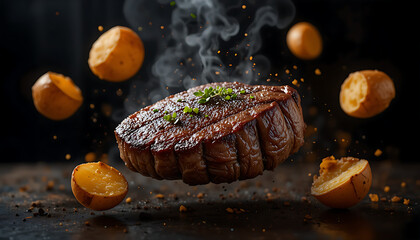 “Grilled Steak with Roasted Potatoes and Fresh Herbs Served Hot on Dark Background”