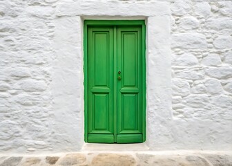 Fototapeta premium A vibrant green door stands out against the textured white stone wall of a traditional building, inviting exploration and offering a glimpse into the charm of a mediterranean village