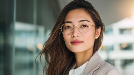 Obraz premium Closeup portrait of confident young Asian professional woman in glasses and blazer outdoors in modern urban business district representing career success future leadership