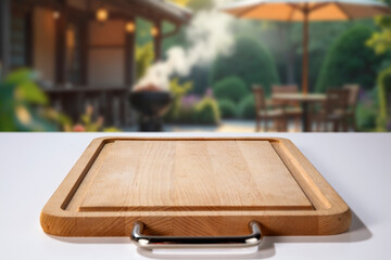 Table with empty wooden cutting board - copy space  and blurred cozy garden setting with parasol,...