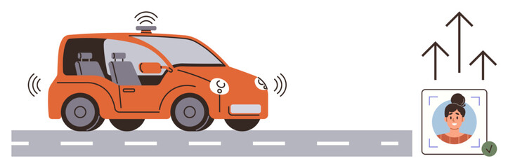 Self-driving car moving on a road with wireless signals and passenger face recognition. Ideal for smart technology, transportation, AI, innovation, mobility, sustainability, futuristic design. Simple