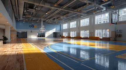 Indoor basketball court with blue and yellow markings and wooden floor in spacious gymnasium filled with natural light and seating area