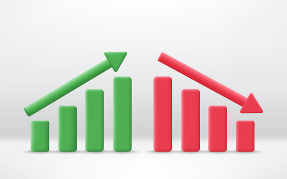 3D Graph up and down financial arrows. Business chart with increase, decrease trend. Concept of financial success and market progress. Minimalist cartoon icon. Trendy and modern vector in 3D style.