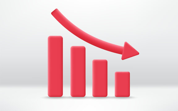 3D graph with red arrow going down stock icon. Financial decrease down arrow, economy down graph. Falling concept of loss market. Minimalist cartoon icon.Trendy and modern vector in 3d style.