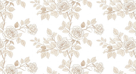 Rose Pattern: Delicate beige roses blossom against a neutral backdrop, their intricate lines creating a repeating floral design, ideal for backgrounds, textiles, and decorative purposes.