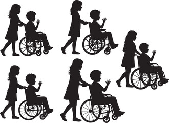 Little Girl Helping Boy In Wheelchair Cartoon silhouette