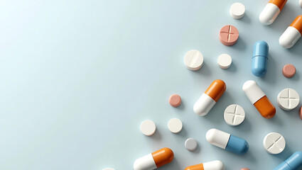 Modern Healthcare: Pastel-Colored Pills and Tablets on Light Blue Background; Clean, Minimalist Medical Stock Photo.