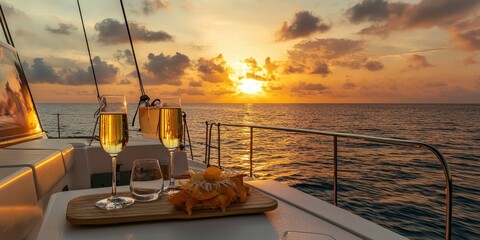 Luxury catamaran at sunset with champagne on deck