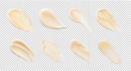 Facial serum and beige cream smears texture realistic vector illustration. Skincare and body care beauty cosmetic product sample collection