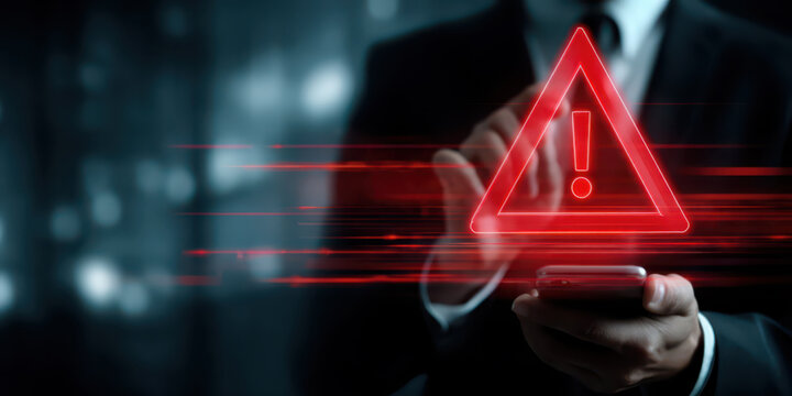 Corporate man handling emergency alert notification on mobile phone, concept of warning message, cyber threat monitoring, digital security breach, urgent system error, and risk management