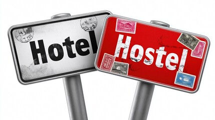 Comparison of hotel and hostel signs highlighting accommodation choices