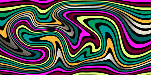 Abstract colorful swirling pattern with vibrant colors and dynamic liquid textures Abstract linear distorted pattern. Retro hippie colorful background with wavy psychedelic texture
