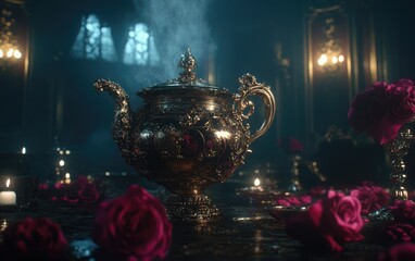 Ornate golden teapot, steam rising, surrounded by roses and candlelight in a dark, opulent room