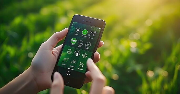 Smartphone in hands, showing agricultural app interface, in a field