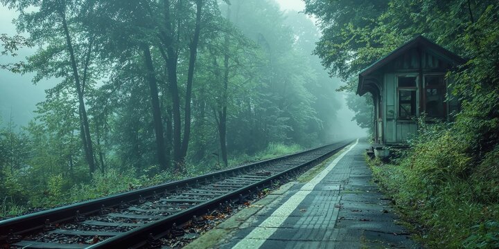 Misty forest railway station hidden in the trees