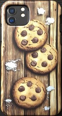 Smartphone case featuring three chocolate chip cookies on a rustic wooden surface