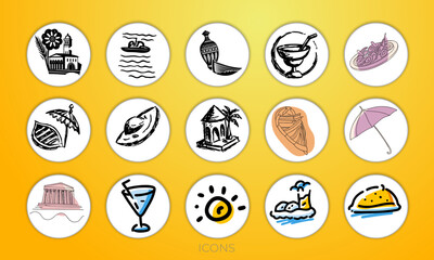 Italian or greek style vacation mediterranean Escape,Hand-Drawn Summer Icons.Chalked in Charcoal,Greek Island Vibes.
