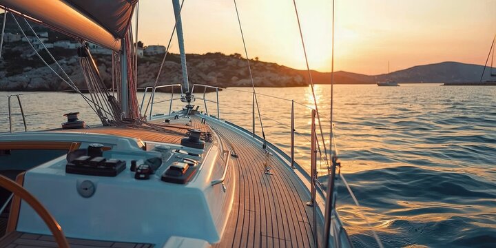 Modern yacht-style sailboat with tech gear glowing in sunset
