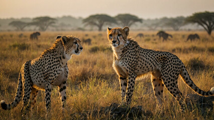Cheetah in open grassland near mountains
