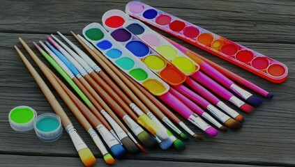 Assorted watercolor paints and brushes on a wooden surface