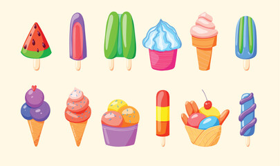 Collection of summer ice cream. Set of the different type of delicious desert