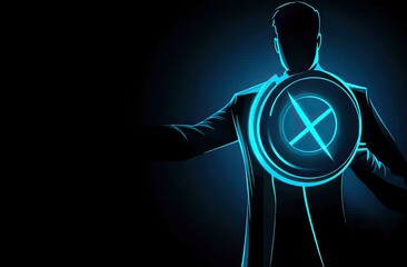 Silhouette of a person holding a glowing circular shield